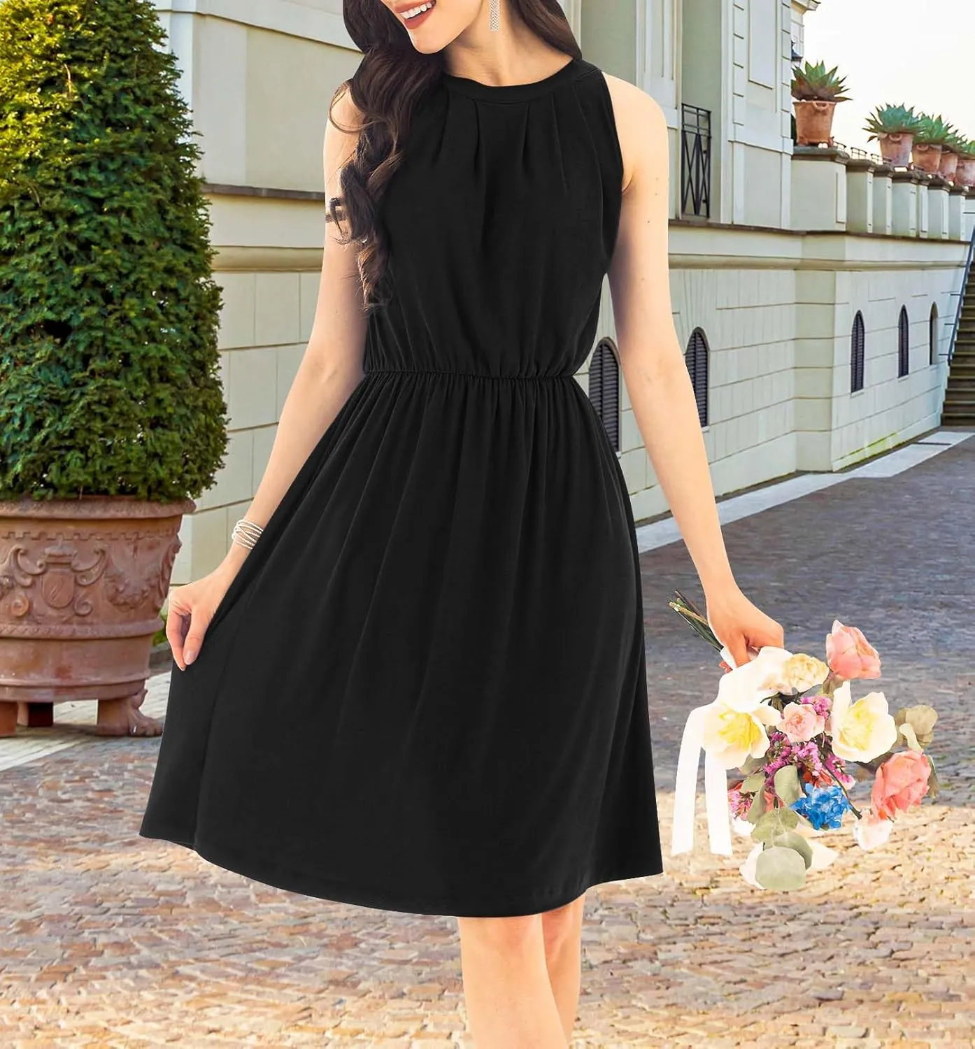 KOH KOH Womens Sleeveless Halter Neck Flowy Work Knee Length Day Sexy Mini Dress
