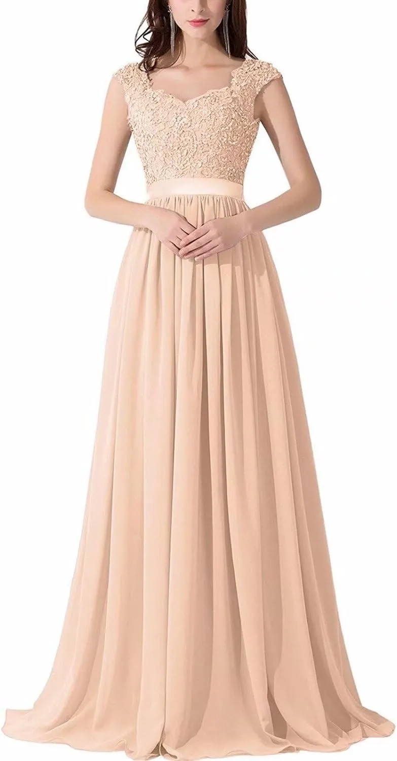 Lace Appliques Bridesmaid Dresses for Women Long Chiffon V Neck Prom Dress A-line Formal Evening Party Gowns