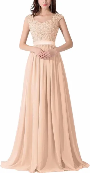 Lace Appliques Bridesmaid Dresses for Women Long Chiffon V Neck Prom Dress A-line Formal Evening Party Gowns