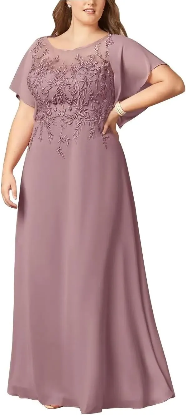 Lace Appliques Mother of The Bride Dresses Long Chiffon Formal Wedding Party Gowns for Women