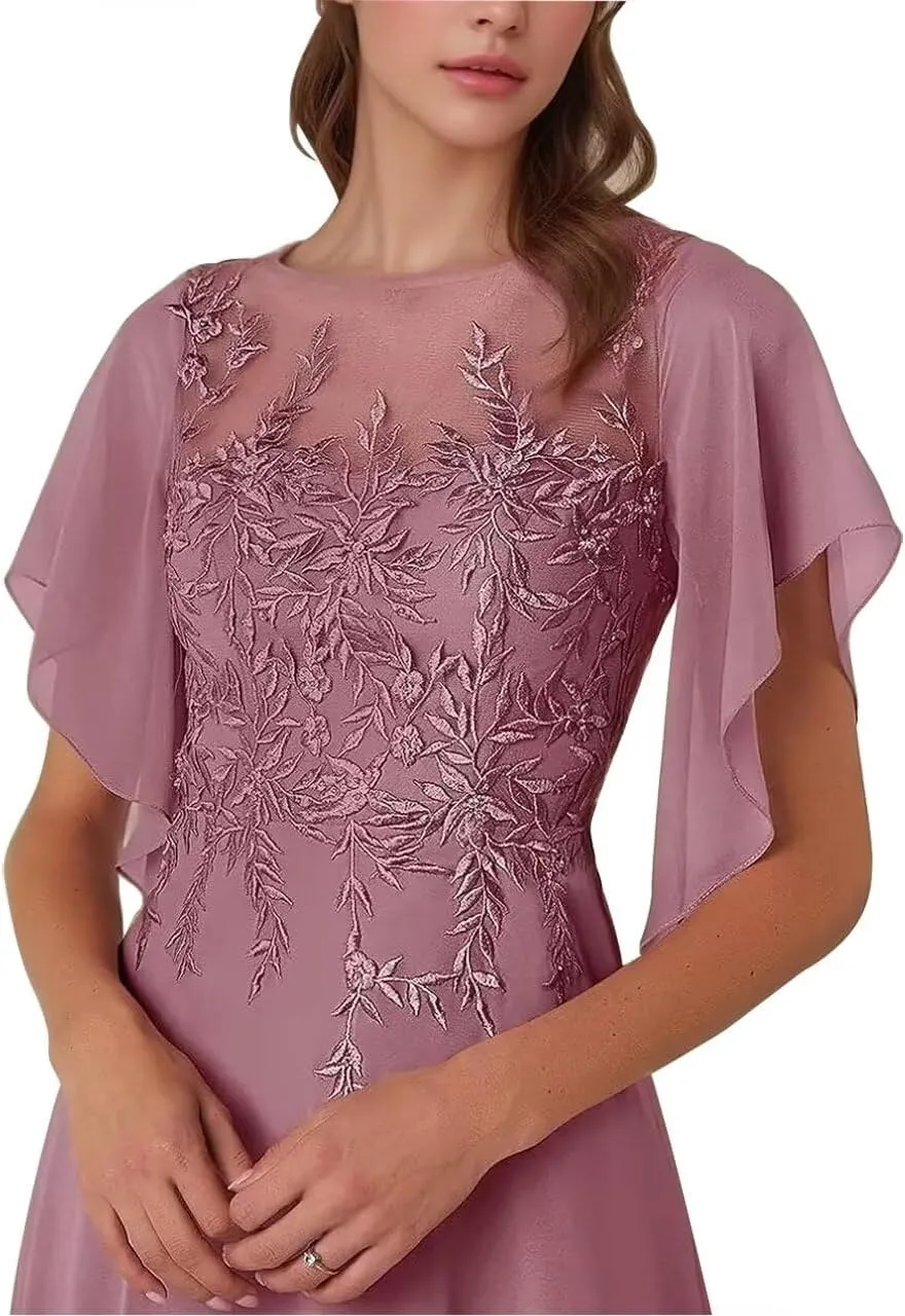Lace Appliques Mother of The Bride Dresses Long Chiffon Formal Wedding Party Gowns for Women