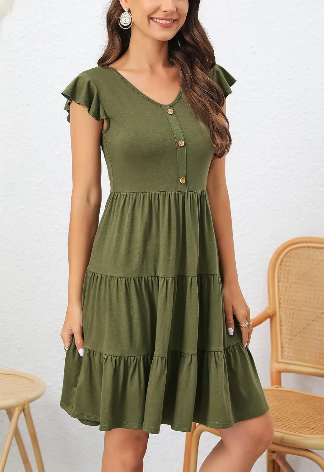 Lamilus Summer Dresses for Women 2023 Casual V Neck Button Down Ruffle Sleeve Short Tiered Baby Doll Beach Swing Sundresses