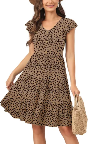 Lamilus Summer Dresses for Women 2023 Casual V Neck Button Down Ruffle Sleeve Short Tiered Baby Doll Beach Swing Sundresses