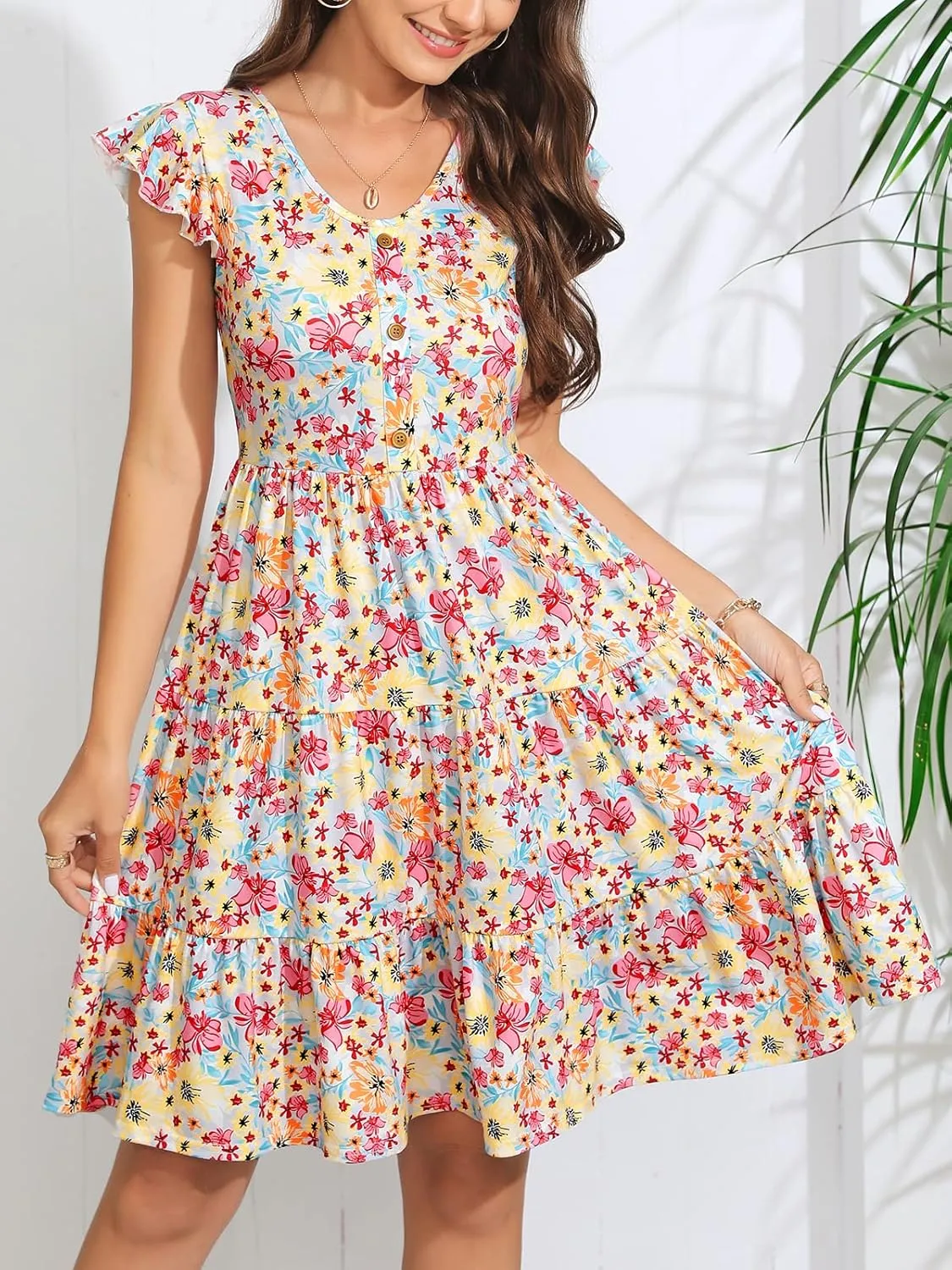 Lamilus Summer Dresses for Women 2023 Casual V Neck Button Down Ruffle Sleeve Short Tiered Baby Doll Beach Swing Sundresses