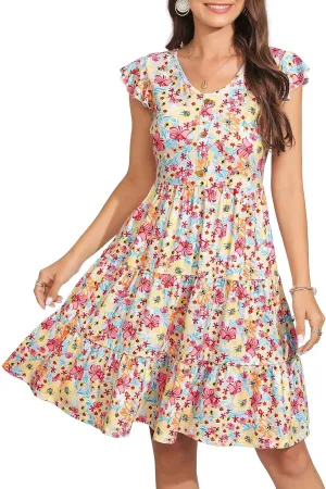 Lamilus Summer Dresses for Women 2023 Casual V Neck Button Down Ruffle Sleeve Short Tiered Baby Doll Beach Swing Sundresses