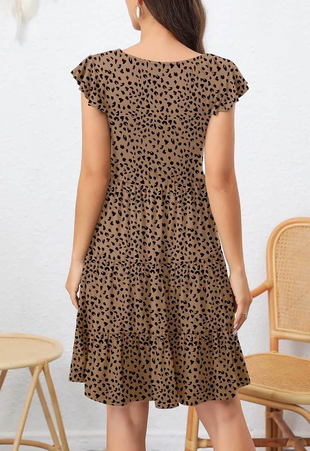 Lamilus Summer Dresses for Women 2023 Casual V Neck Button Down Ruffle Sleeve Short Tiered Baby Doll Beach Swing Sundresses
