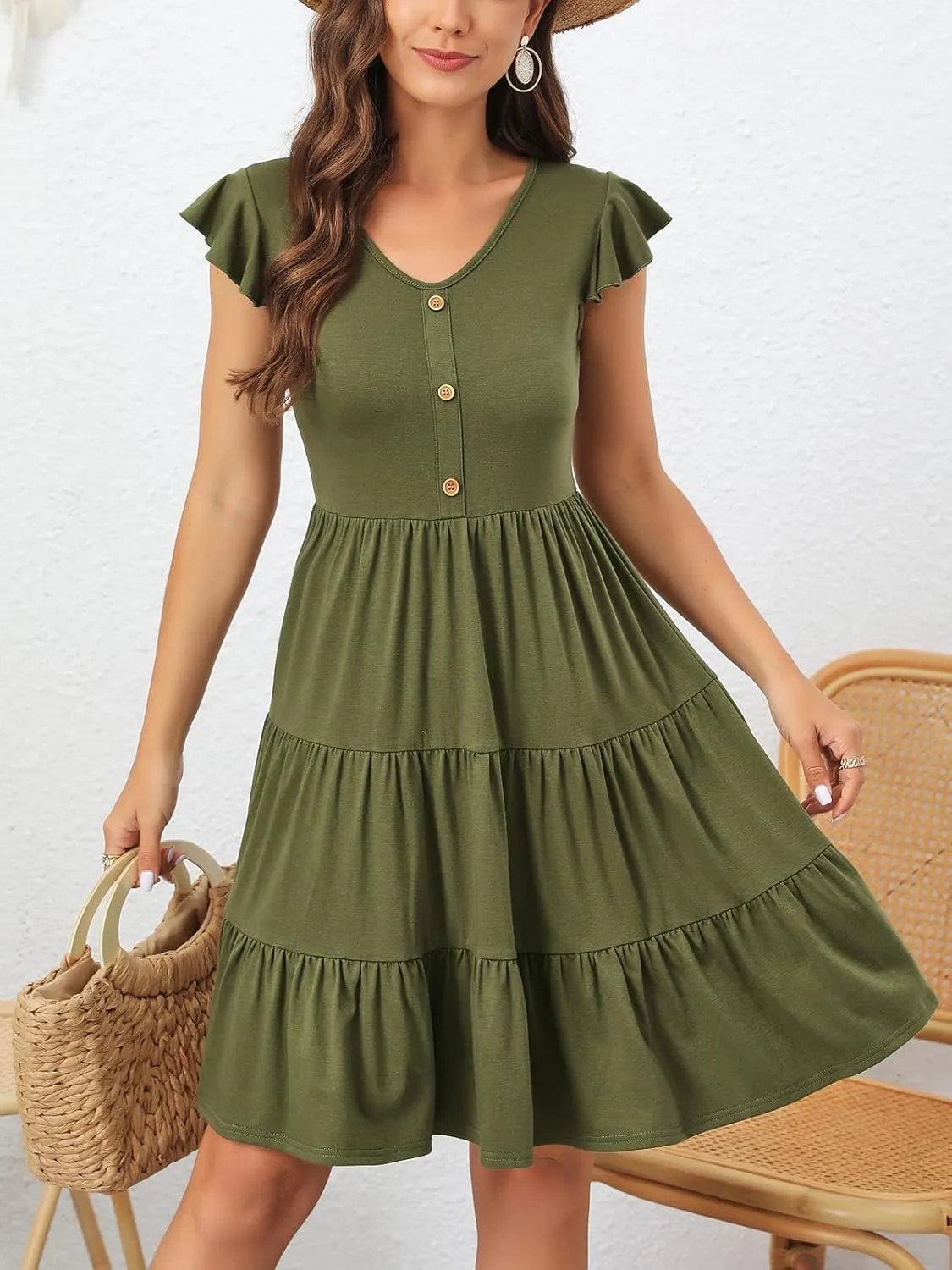 Lamilus Summer Dresses for Women 2023 Casual V Neck Button Down Ruffle Sleeve Short Tiered Baby Doll Beach Swing Sundresses
