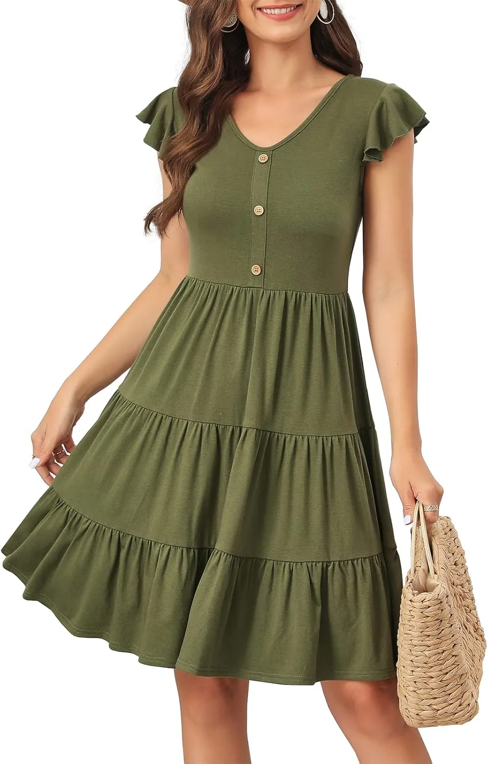 Lamilus Summer Dresses for Women 2023 Casual V Neck Button Down Ruffle Sleeve Short Tiered Baby Doll Beach Swing Sundresses
