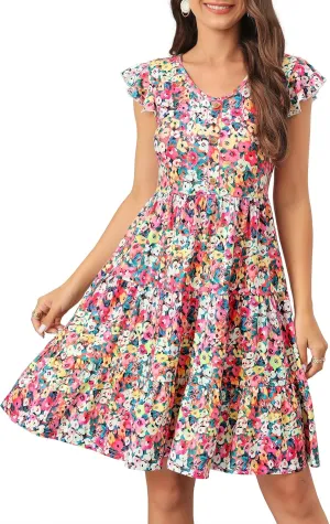 Lamilus Summer Dresses for Women 2023 Casual V Neck Button Down Ruffle Sleeve Short Tiered Baby Doll Beach Swing Sundresses