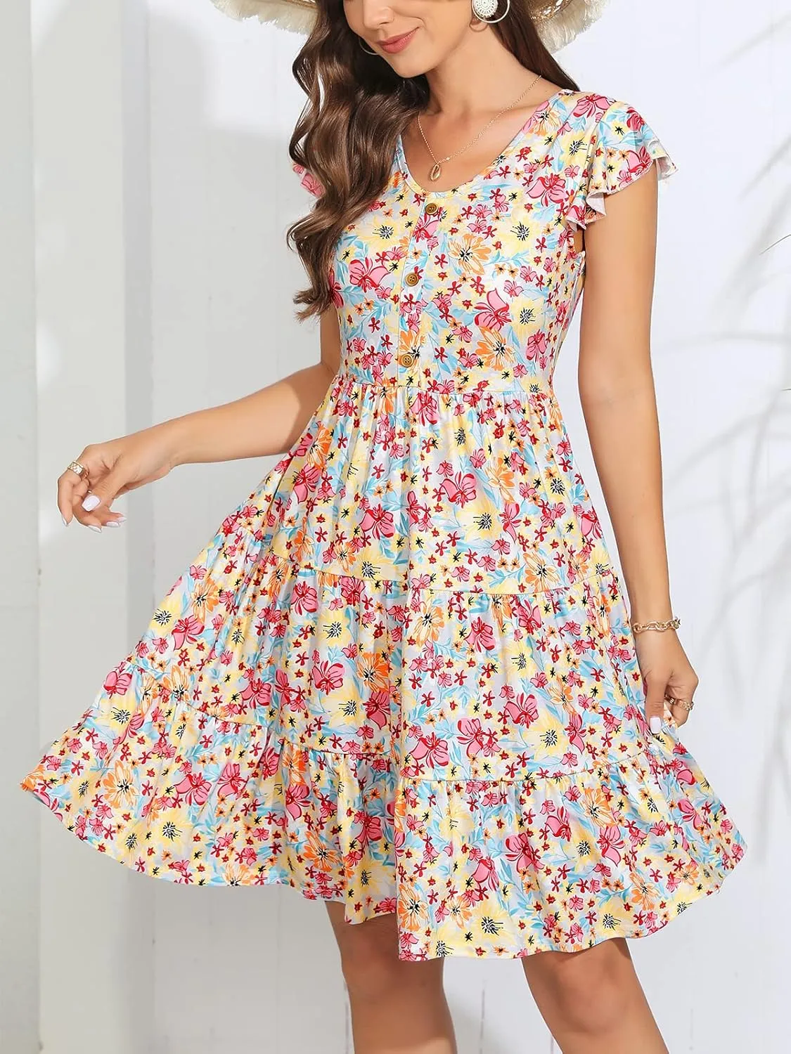 Lamilus Summer Dresses for Women 2023 Casual V Neck Button Down Ruffle Sleeve Short Tiered Baby Doll Beach Swing Sundresses