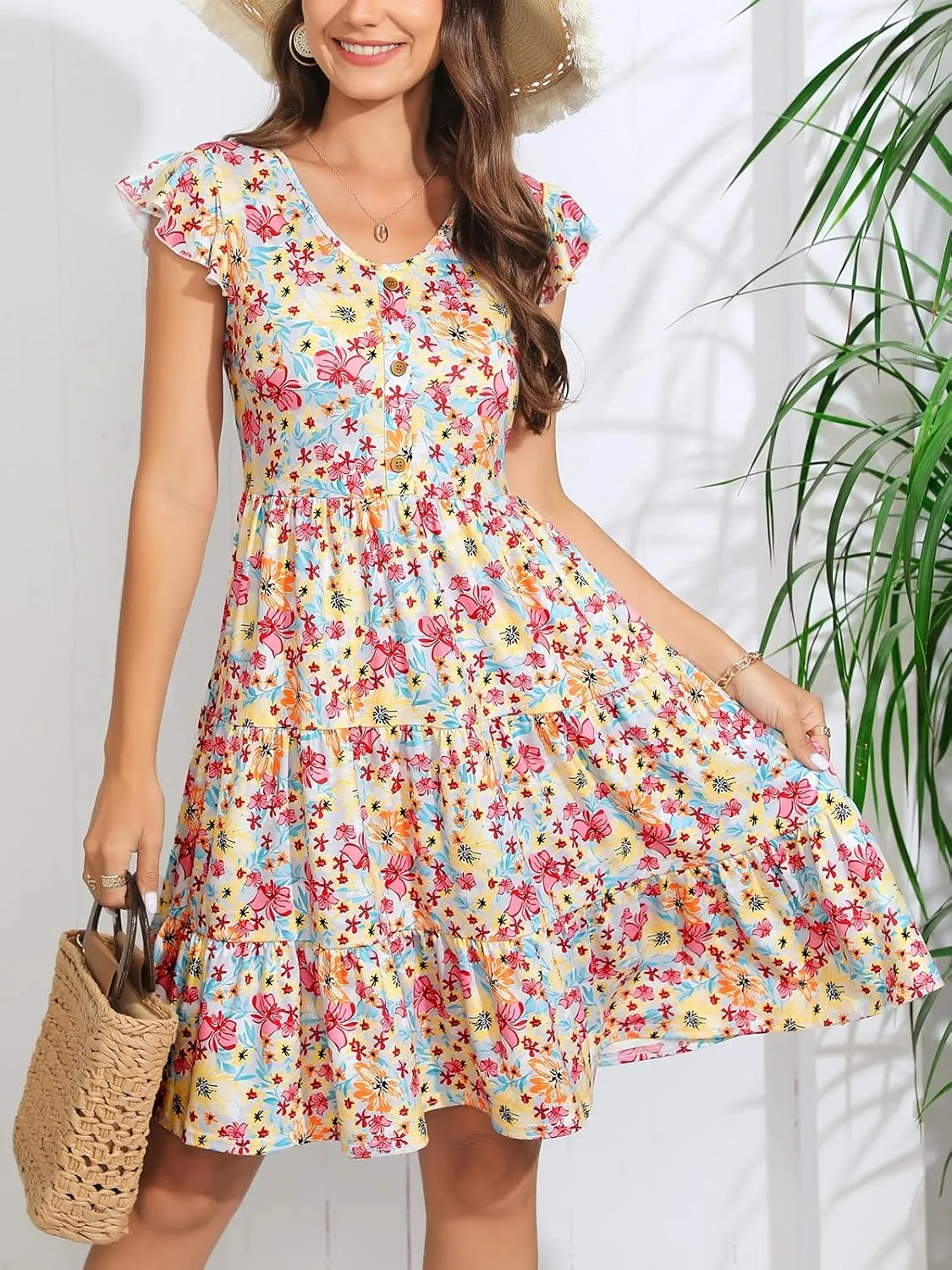 Lamilus Summer Dresses for Women 2023 Casual V Neck Button Down Ruffle Sleeve Short Tiered Baby Doll Beach Swing Sundresses