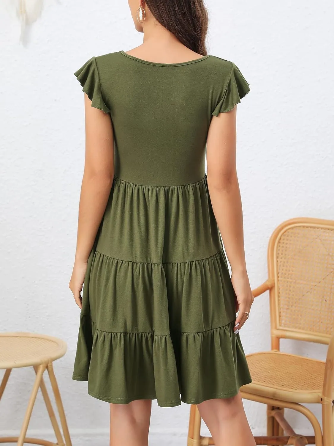 Lamilus Summer Dresses for Women 2023 Casual V Neck Button Down Ruffle Sleeve Short Tiered Baby Doll Beach Swing Sundresses