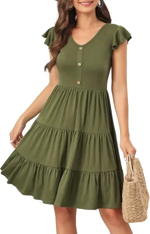 Lamilus Summer Dresses for Women 2023 Casual V Neck Button Down Ruffle Sleeve Short Tiered Baby Doll Beach Swing Sundresses