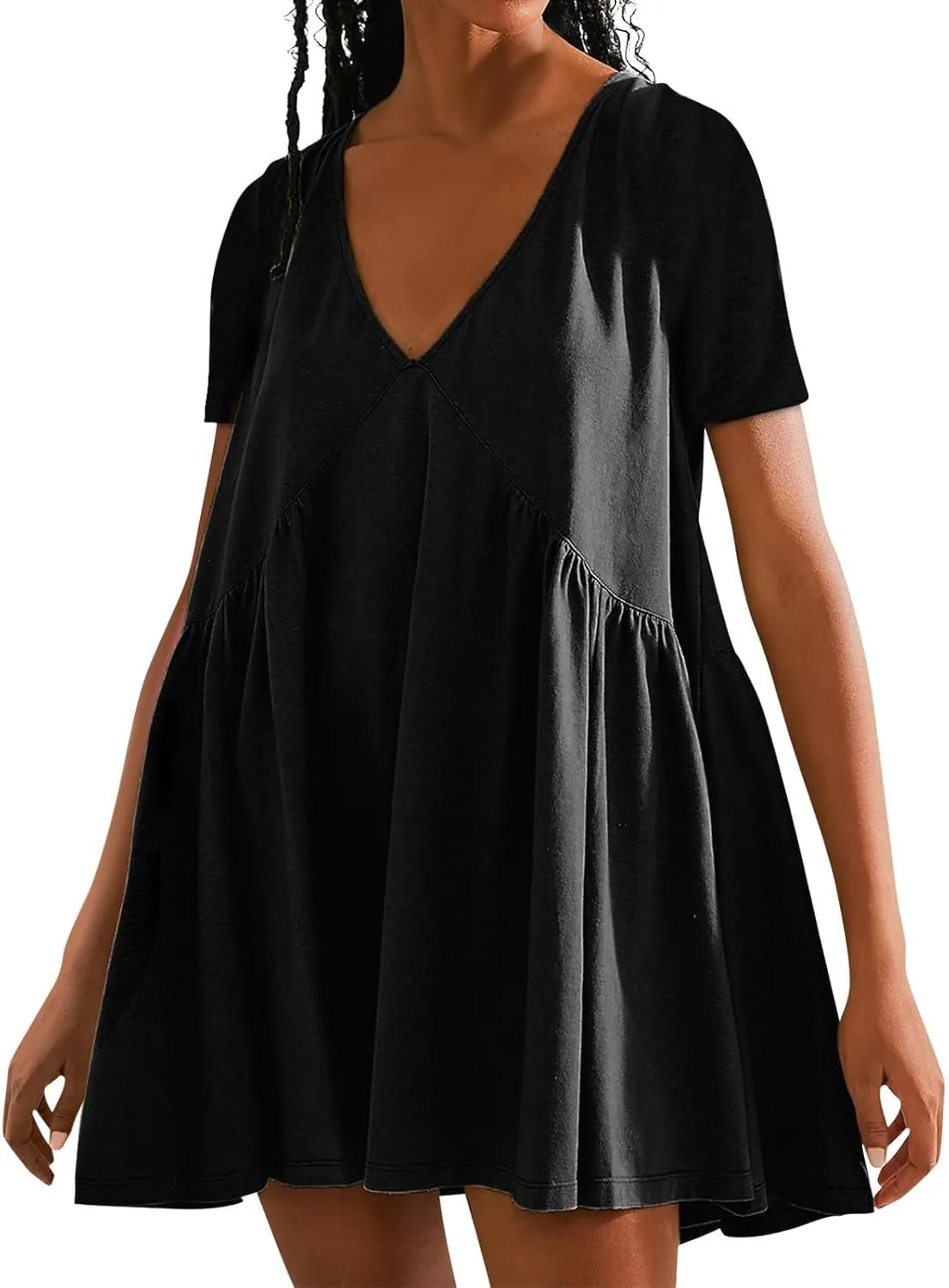 LEMONONSTORE Womens Boho Summer Dresses Y2K Babydoll Flowy Dress Ruffle Mini Dress Deep V-Neck Casual Solid Baggy Sundress