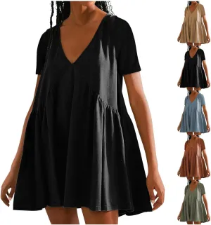 LEMONONSTORE Womens Boho Summer Dresses Y2K Babydoll Flowy Dress Ruffle Mini Dress Deep V-Neck Casual Solid Baggy Sundress
