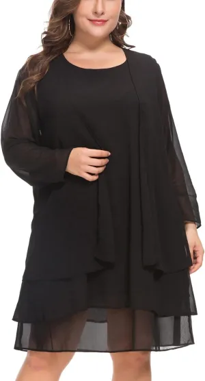 LIDLIT 2PCS Women's Chiffon Dress Mother of The Bride Dresses Long Sleeve Knee Length Jacket Dresses