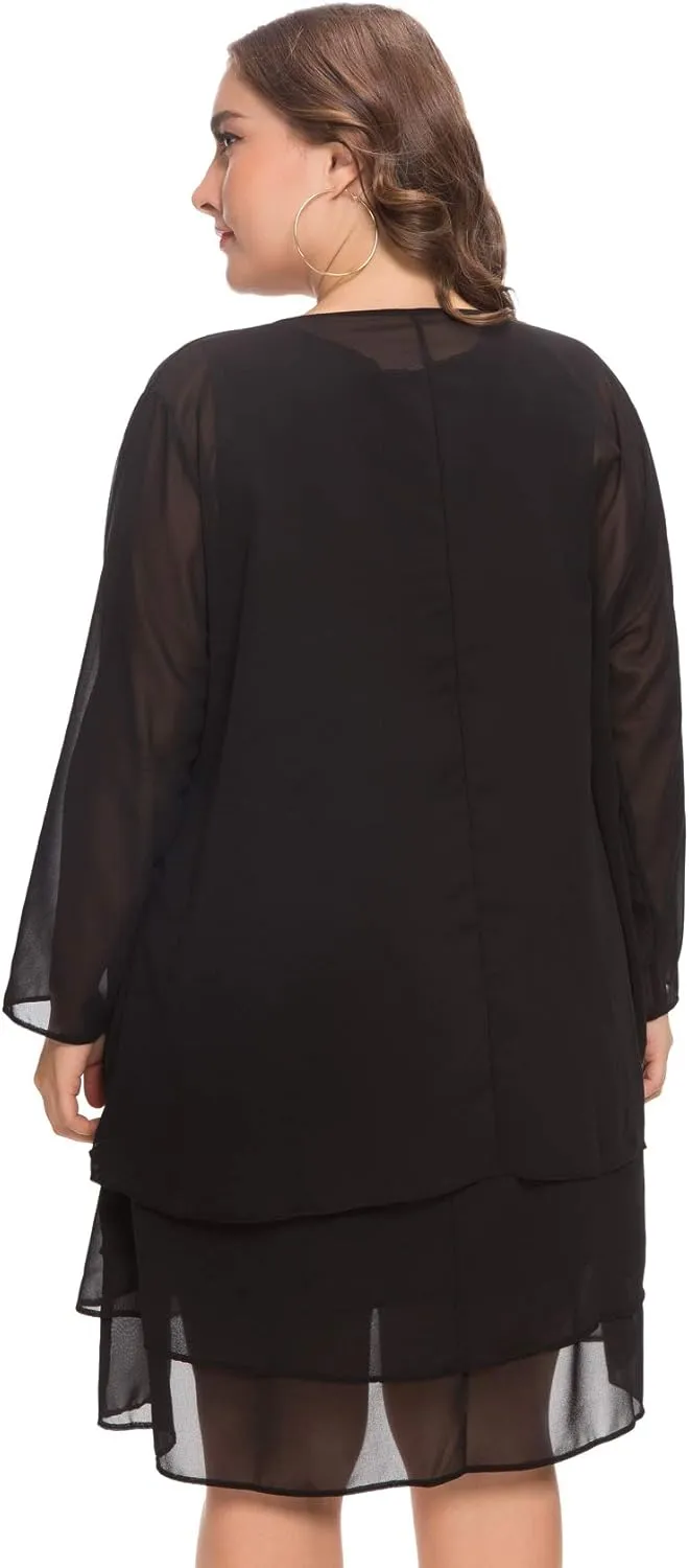LIDLIT 2PCS Women's Chiffon Dress Mother of The Bride Dresses Long Sleeve Knee Length Jacket Dresses