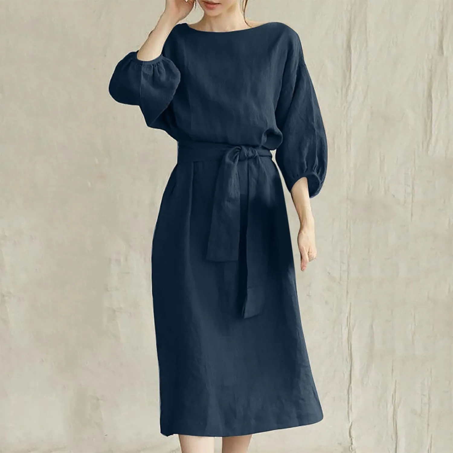 Linen Dress for Women A Line Loose Fit Midi Dresses Short Sleeve Tie Waist Summer Dress Business Casual Dresses