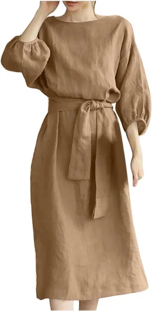 Linen Dress for Women A Line Loose Fit Midi Dresses Short Sleeve Tie Waist Summer Dress Business Casual Dresses