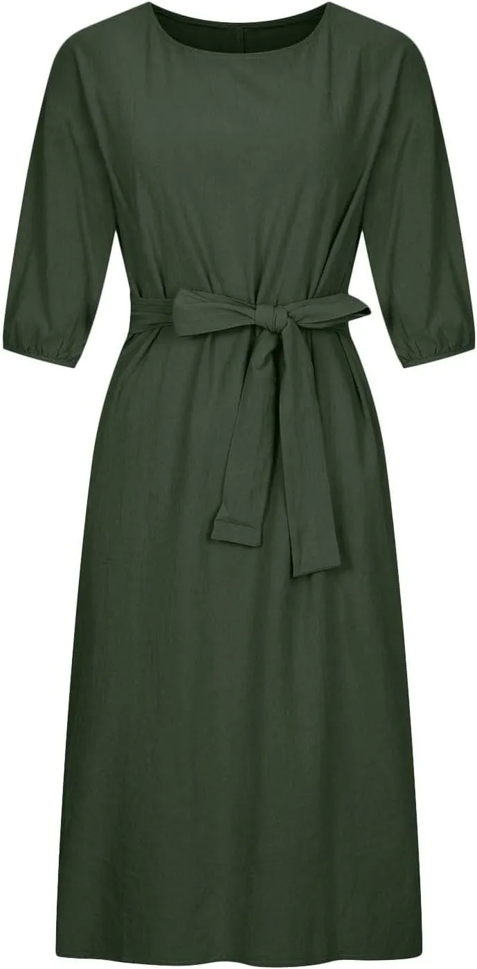 Linen Dress for Women A Line Loose Fit Midi Dresses Short Sleeve Tie Waist Summer Dress Business Casual Dresses