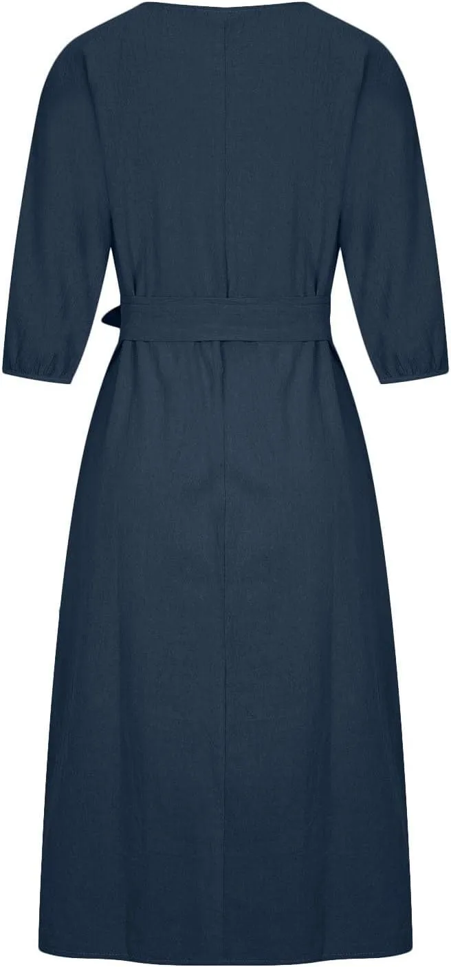 Linen Dress for Women A Line Loose Fit Midi Dresses Short Sleeve Tie Waist Summer Dress Business Casual Dresses