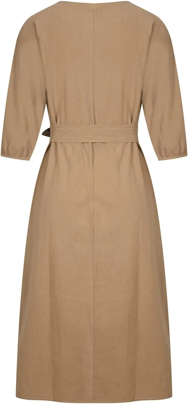 Linen Dress for Women A Line Loose Fit Midi Dresses Short Sleeve Tie Waist Summer Dress Business Casual Dresses