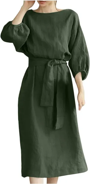 Linen Dress for Women A Line Loose Fit Midi Dresses Short Sleeve Tie Waist Summer Dress Business Casual Dresses
