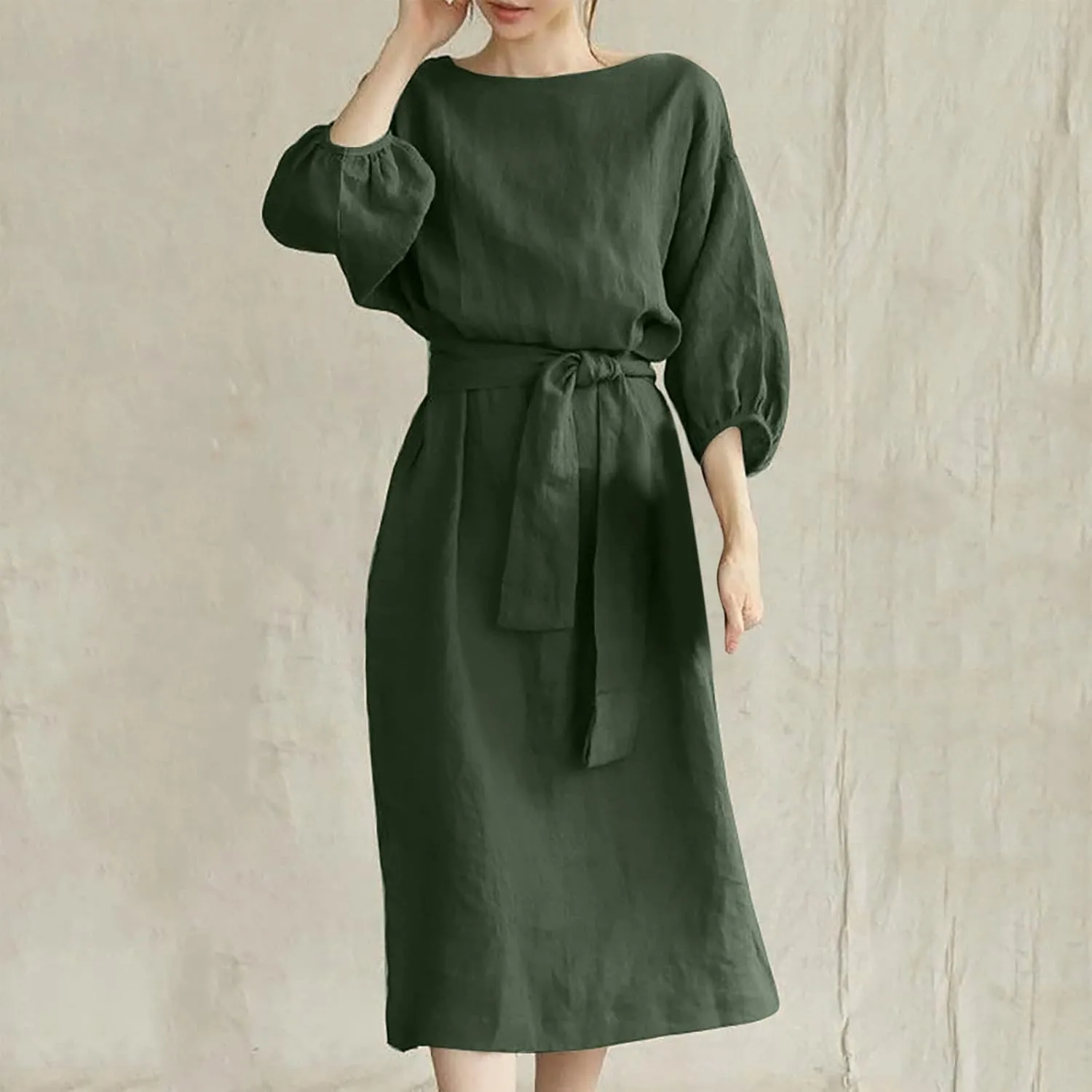 Linen Dress for Women A Line Loose Fit Midi Dresses Short Sleeve Tie Waist Summer Dress Business Casual Dresses