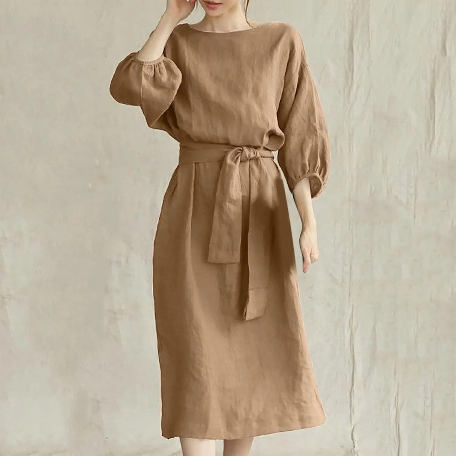 Linen Dress for Women A Line Loose Fit Midi Dresses Short Sleeve Tie Waist Summer Dress Business Casual Dresses