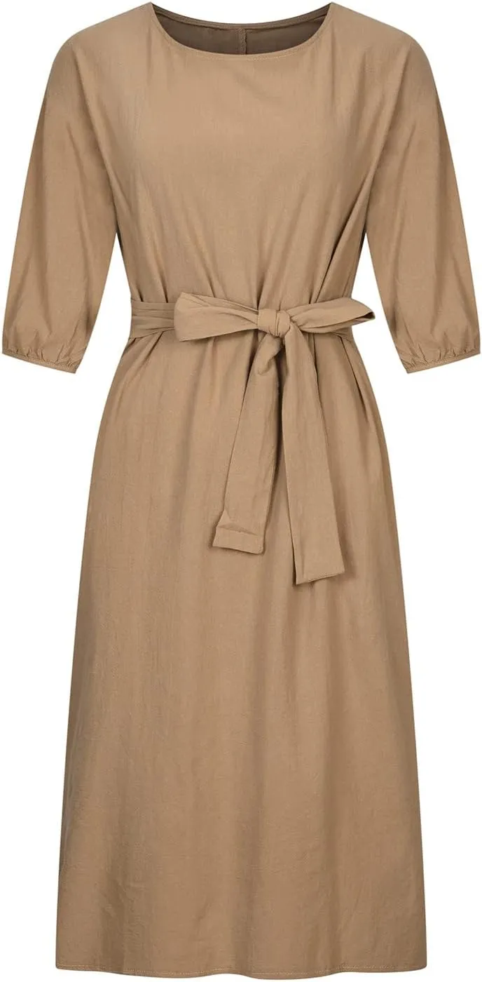 Linen Dress for Women A Line Loose Fit Midi Dresses Short Sleeve Tie Waist Summer Dress Business Casual Dresses
