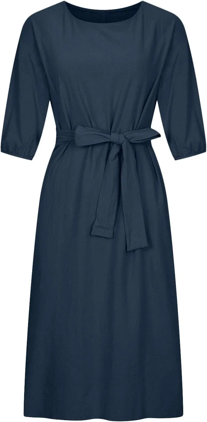 Linen Dress for Women A Line Loose Fit Midi Dresses Short Sleeve Tie Waist Summer Dress Business Casual Dresses