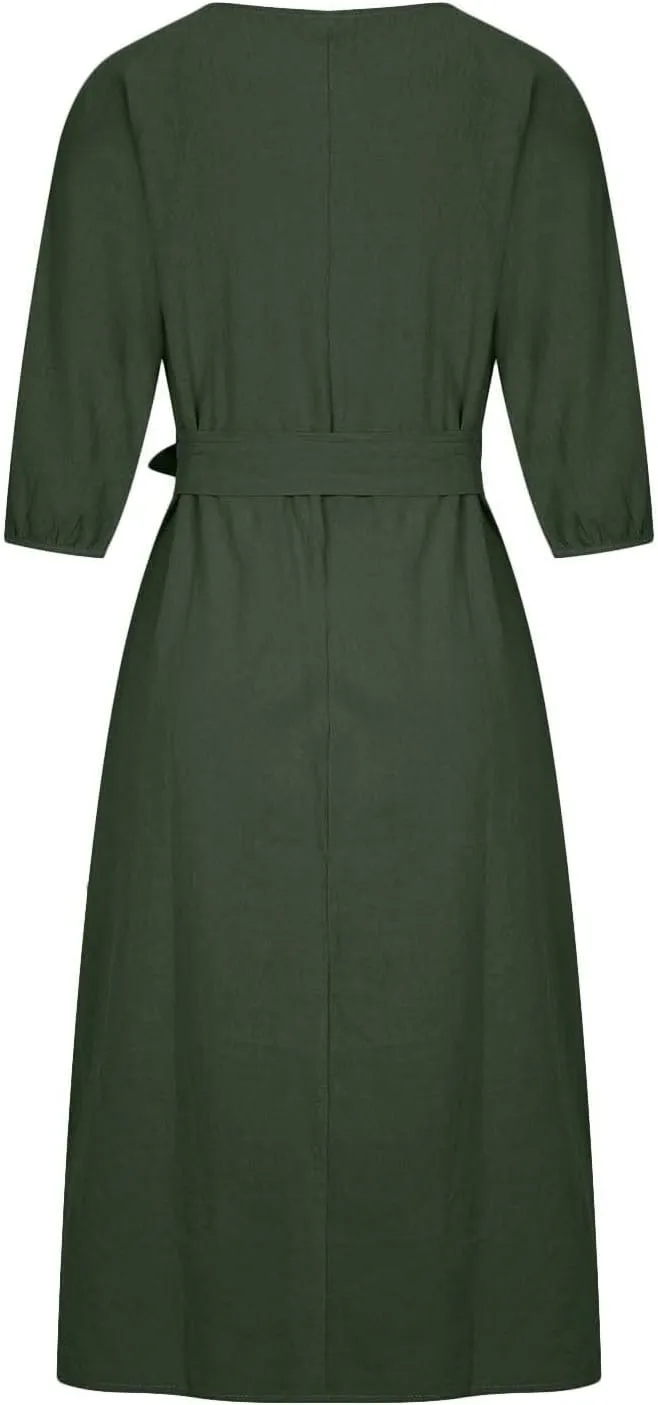 Linen Dress for Women A Line Loose Fit Midi Dresses Short Sleeve Tie Waist Summer Dress Business Casual Dresses