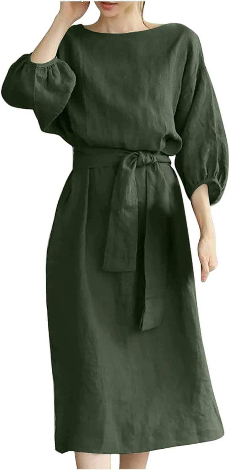 Linen Dress for Women A Line Loose Fit Midi Dresses Short Sleeve Tie Waist Summer Dress Business Casual Dresses