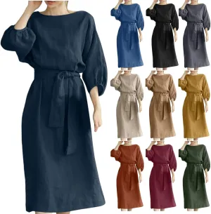 Linen Dress for Women A Line Loose Fit Midi Dresses Short Sleeve Tie Waist Summer Dress Business Casual Dresses