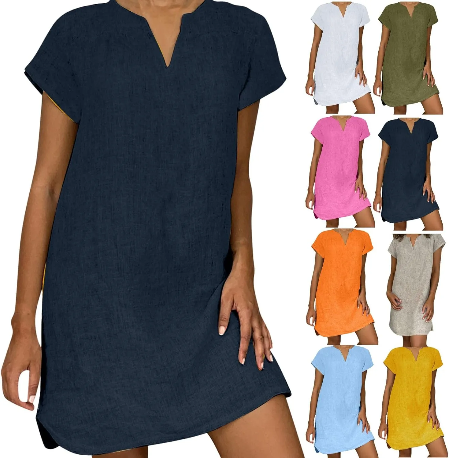 Linen Dress for Women Summer Dresses V Neck Cap Sleeve Sundress Beach Vacation Soft Plus Size Casual Mini Dress 2024