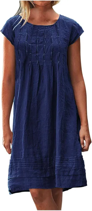 Linen Dresses for Women 2025 Plus Size Cap Sleeve Pleated Summer Dress Vacation Crew Neck Solid Casual Midi Dress