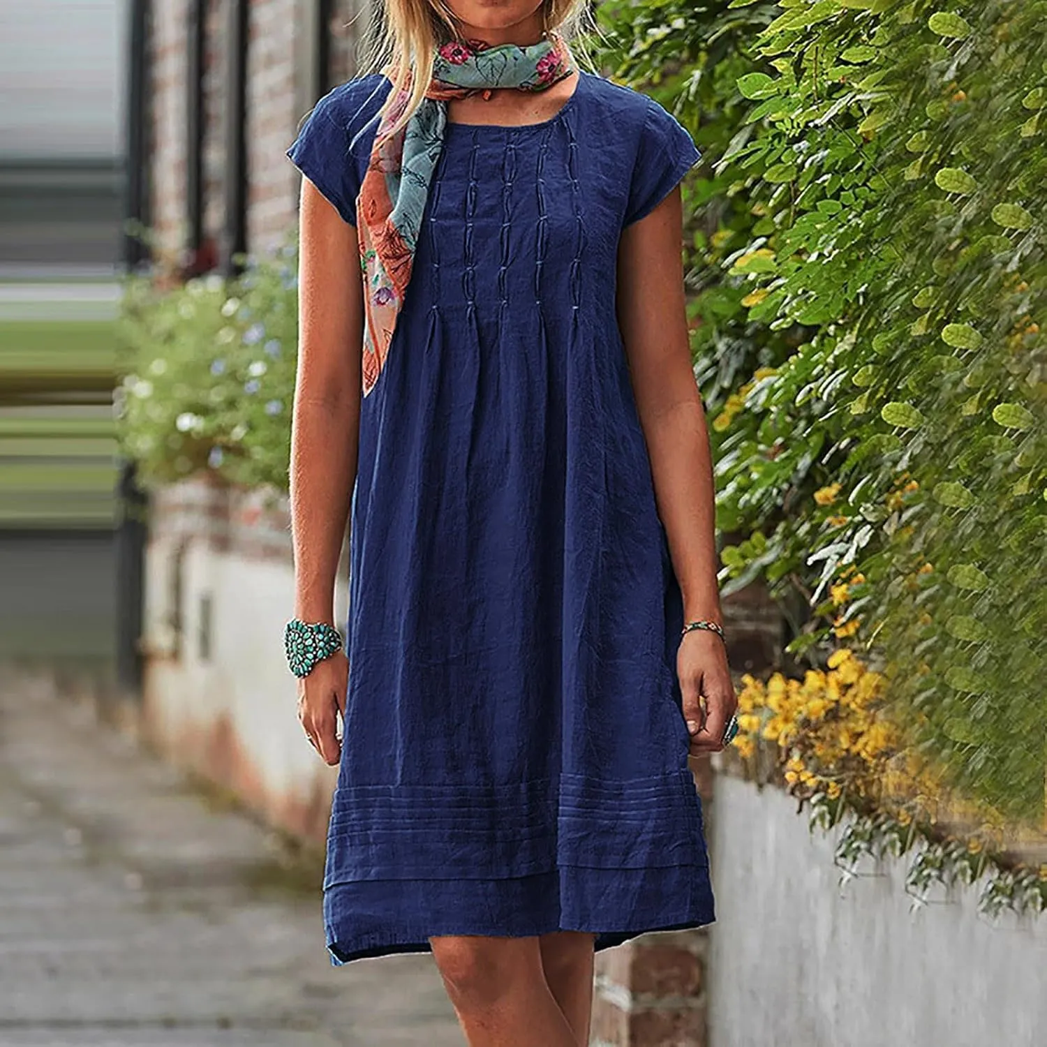 Linen Dresses for Women 2025 Plus Size Cap Sleeve Pleated Summer Dress Vacation Crew Neck Solid Casual Midi Dress