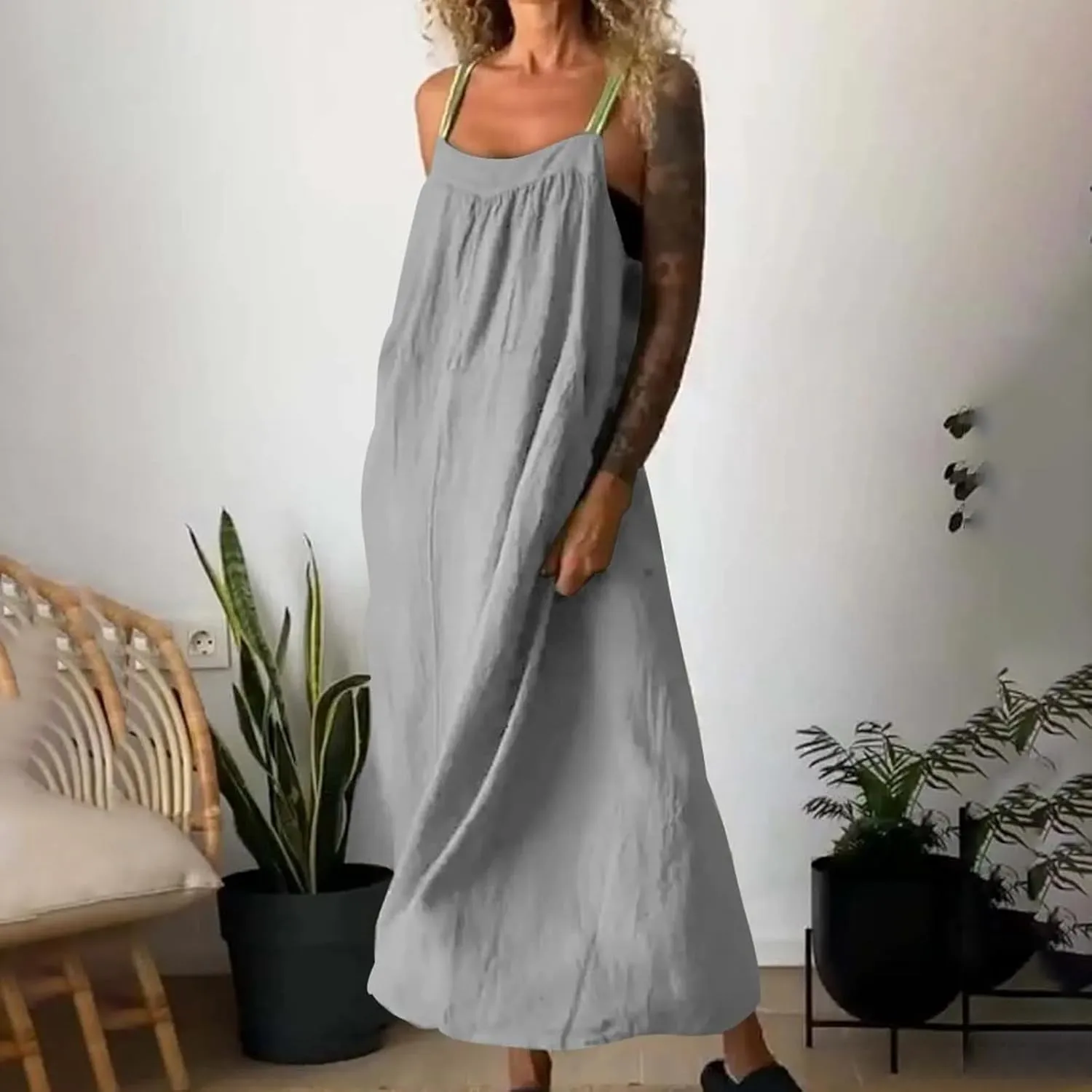 Linen Dresses for Women 2025 Spaghetti Strap Plus Size Cotton Clothes Soft Plus Size Beach Coverup Sundresses