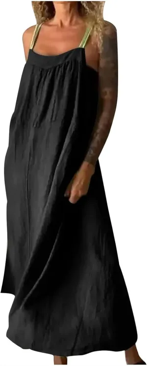 Linen Dresses for Women 2025 Spaghetti Strap Plus Size Cotton Clothes Soft Plus Size Beach Coverup Sundresses