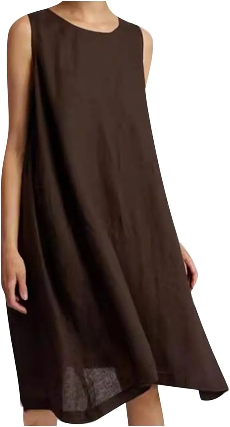 Linen Dresses for Women Casual Summer Sleeveless Loose Midi Dress Lightweight Dresses Business Casual Outfits