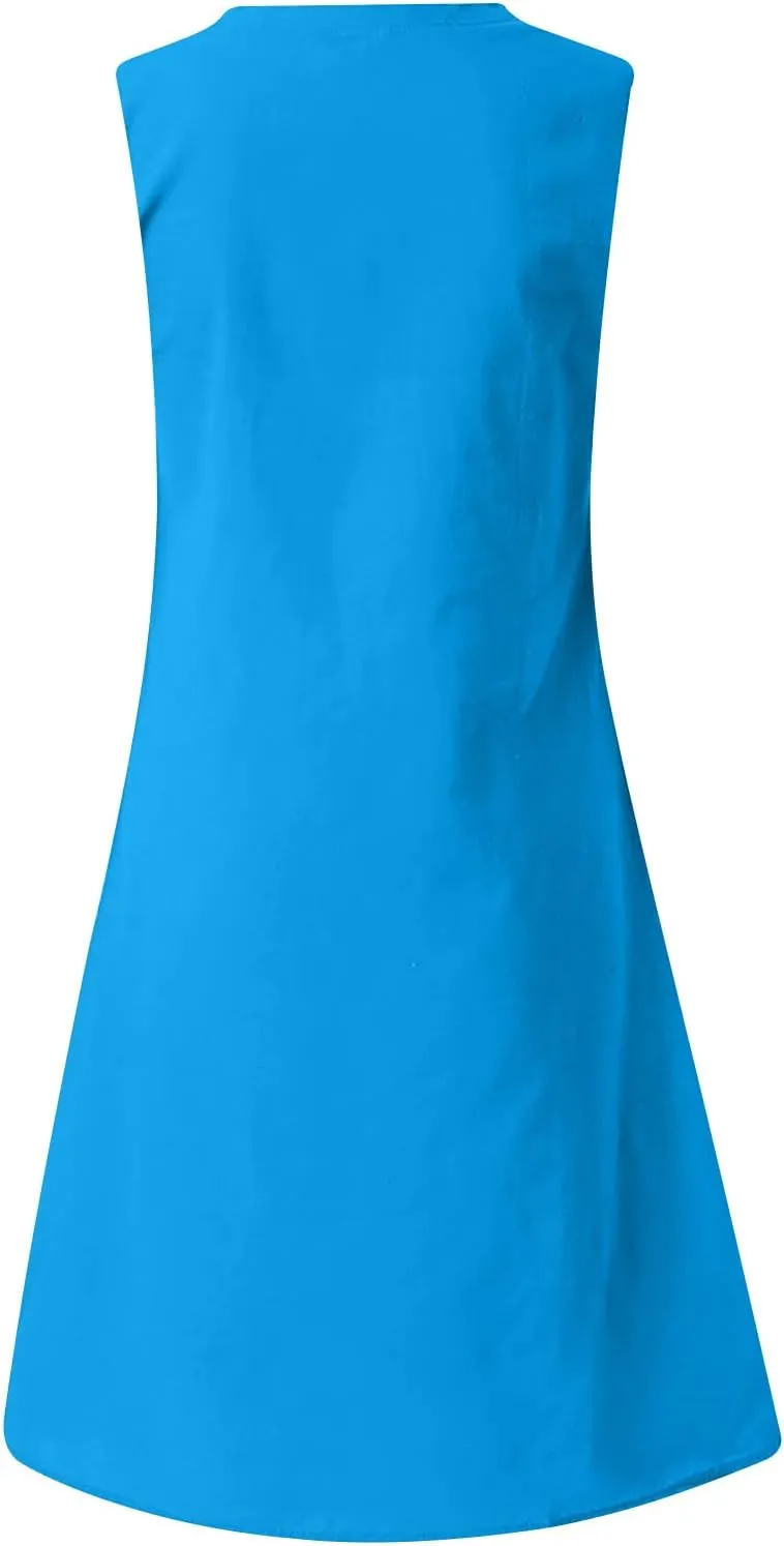 Linen Sun Dresses for Women 2025 Vacation Sleeveless V Neck Solid Color Dress Summer Fashion Casual Soft Tank Tops