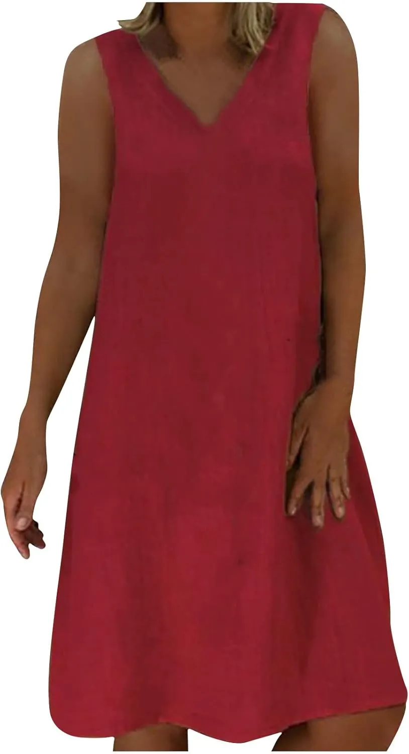 Linen Sun Dresses for Women 2025 Vacation Sleeveless V Neck Solid Color Dress Summer Fashion Casual Soft Tank Tops