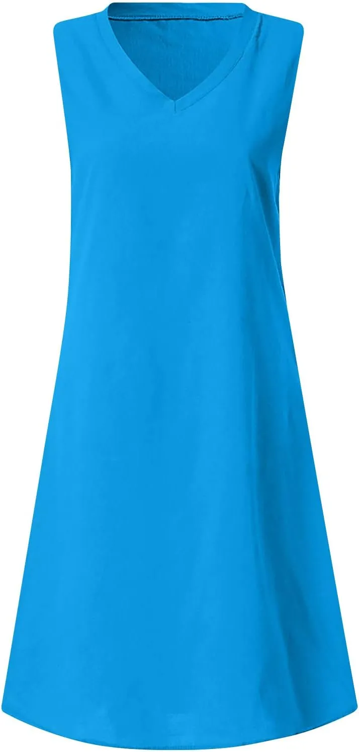 Linen Sun Dresses for Women 2025 Vacation Sleeveless V Neck Solid Color Dress Summer Fashion Casual Soft Tank Tops