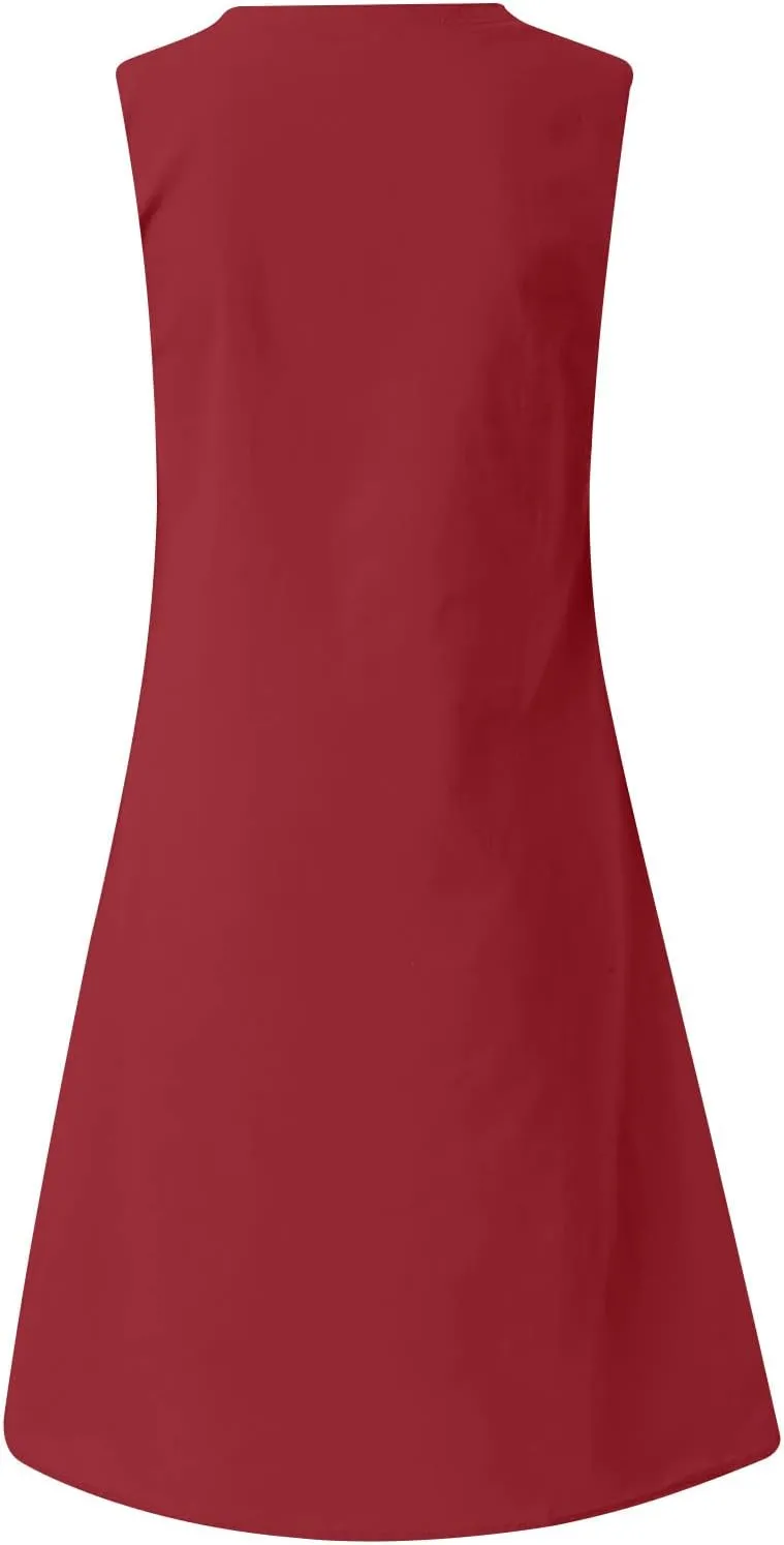 Linen Sun Dresses for Women 2025 Vacation Sleeveless V Neck Solid Color Dress Summer Fashion Casual Soft Tank Tops