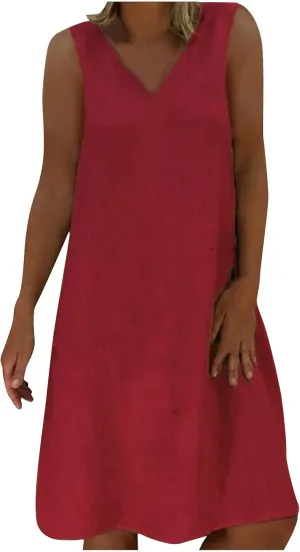 Linen Sun Dresses for Women 2025 Vacation Sleeveless V Neck Solid Color Dress Summer Fashion Casual Soft Tank Tops