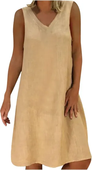 Linen Sun Dresses for Women 2025 Vacation Sleeveless V Neck Solid Color Dress Summer Fashion Casual Soft Tank Tops