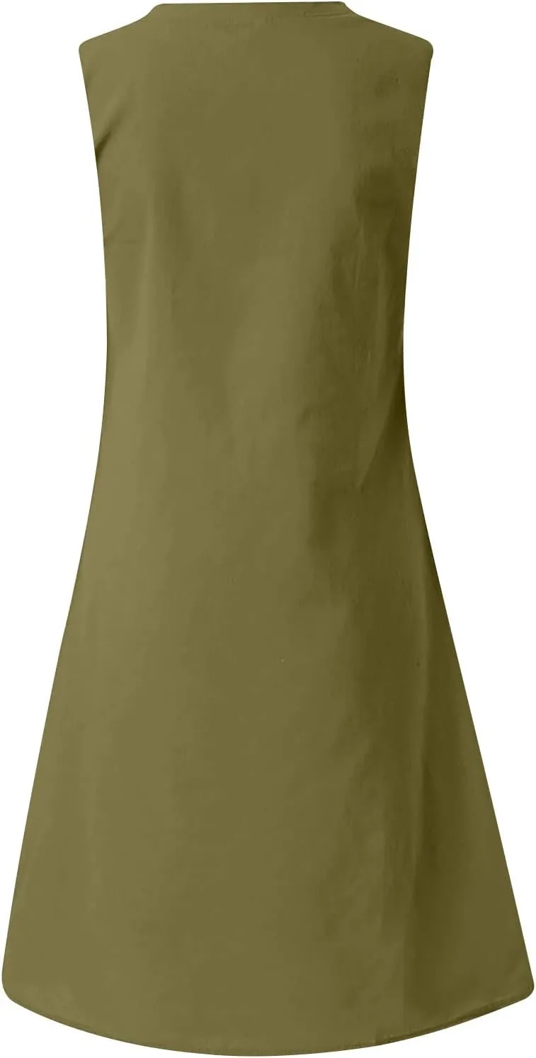 Linen Sun Dresses for Women 2025 Vacation Sleeveless V Neck Solid Color Dress Summer Fashion Casual Soft Tank Tops