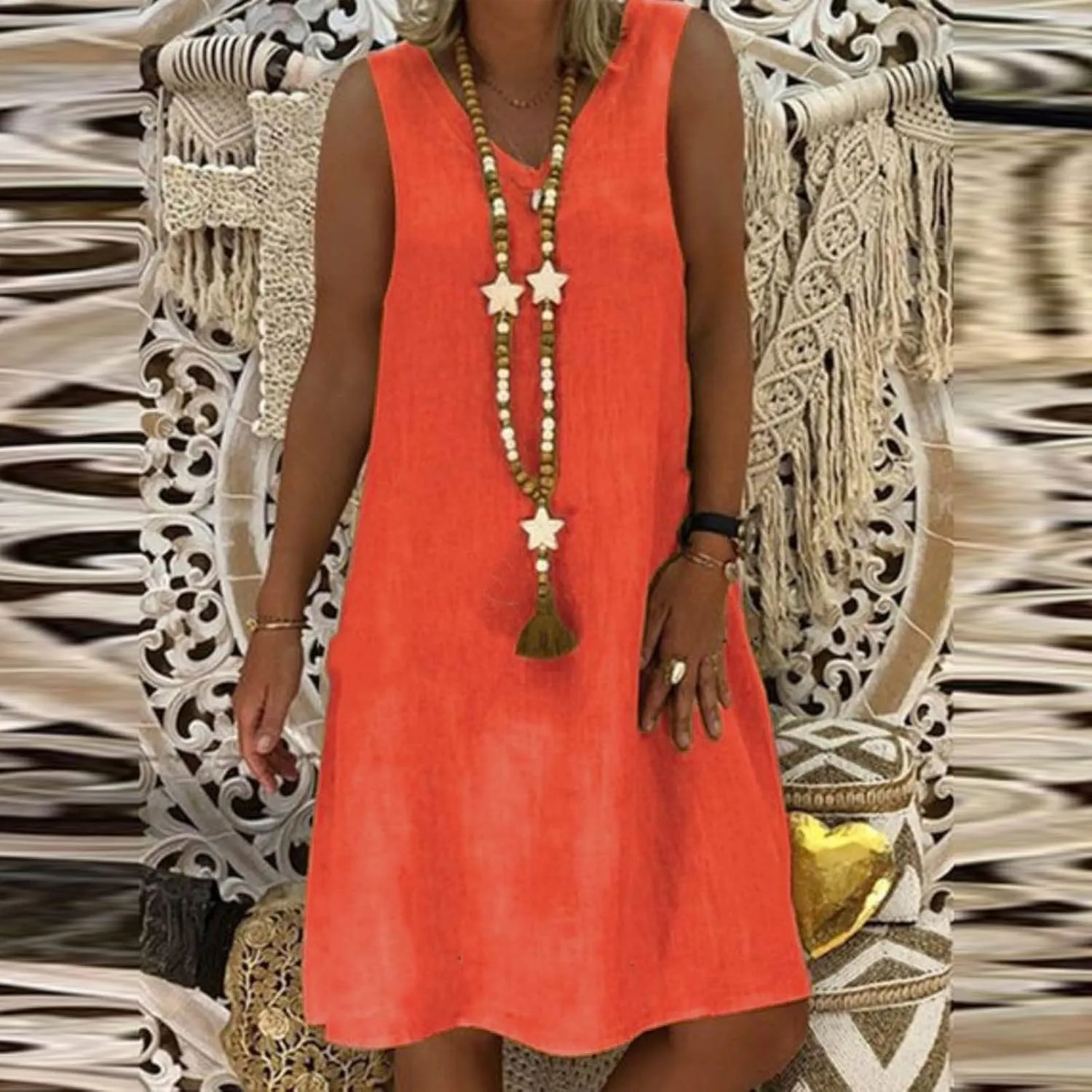 Linen Sun Dresses for Women 2025 Vacation Sleeveless V Neck Solid Color Dress Summer Fashion Casual Soft Tank Tops