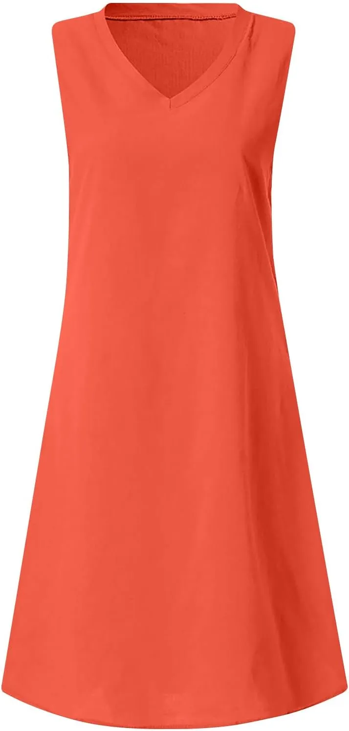 Linen Sun Dresses for Women 2025 Vacation Sleeveless V Neck Solid Color Dress Summer Fashion Casual Soft Tank Tops