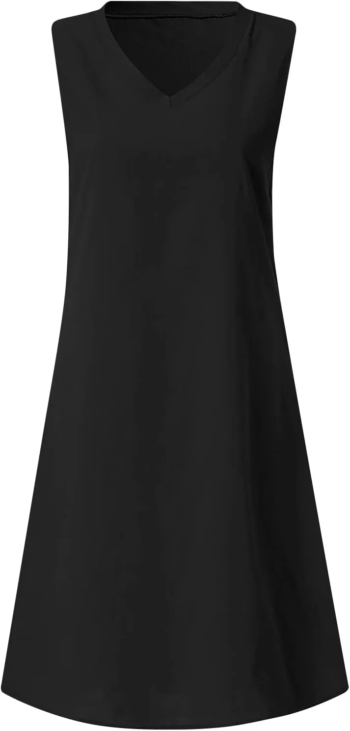Linen Sun Dresses for Women 2025 Vacation Sleeveless V Neck Solid Color Dress Summer Fashion Casual Soft Tank Tops